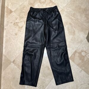 MANGO black faux leather wide leg drawstring pants size medium